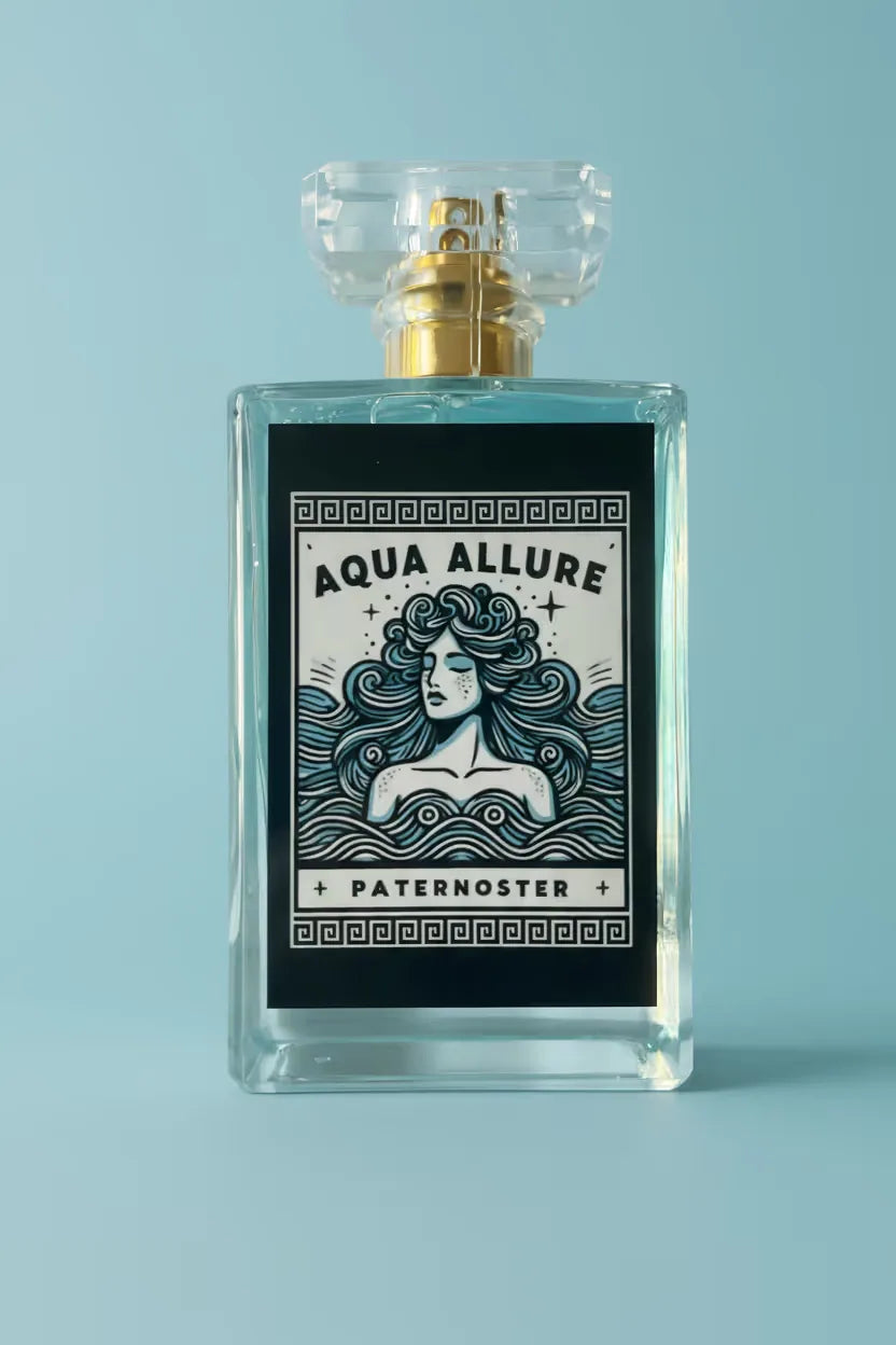 Women's Perfume Bottle "Aqua Allure" in professional product photo. Face On. Light Blue Background.