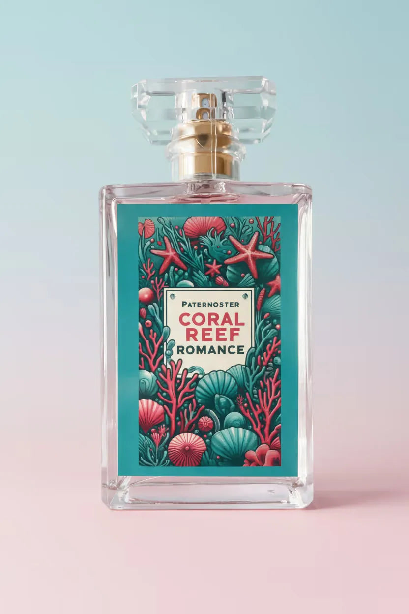 Women's Perfume Bottle "Coral Reef Romance" in professional product photo in front of pastel blue and pink background.