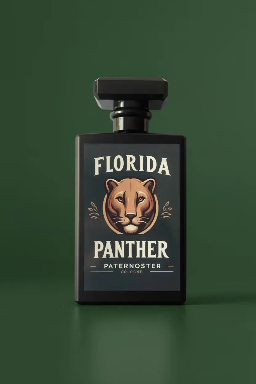 Men's Cologne Bottle "Florida Panther" in professional product photo in front of green background.
