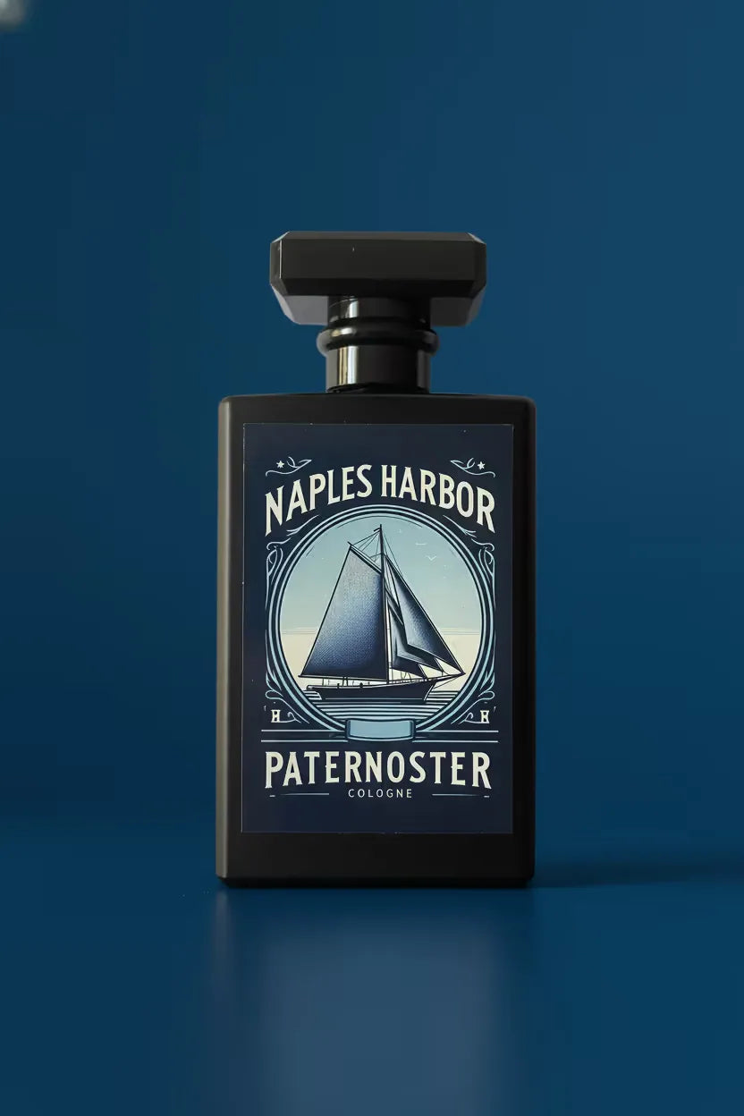 Men's cologne bottle "Naples Harbor" in professional product photo in front of Blue Background.